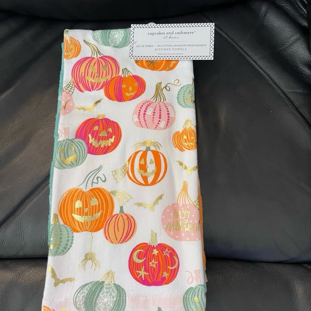 Halloween Cupcakes and Cashmere Pumpkin Kitchen Towel Set of 3
